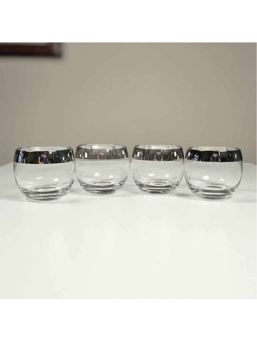 4 Vintage MCM Silver Rim Roly Poly Cocktail Glasses Dorothy Thorpe Style 4 oz